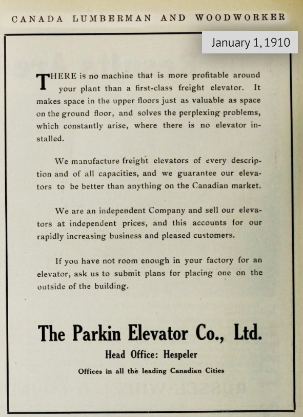 Parkin Elevator Advertisement